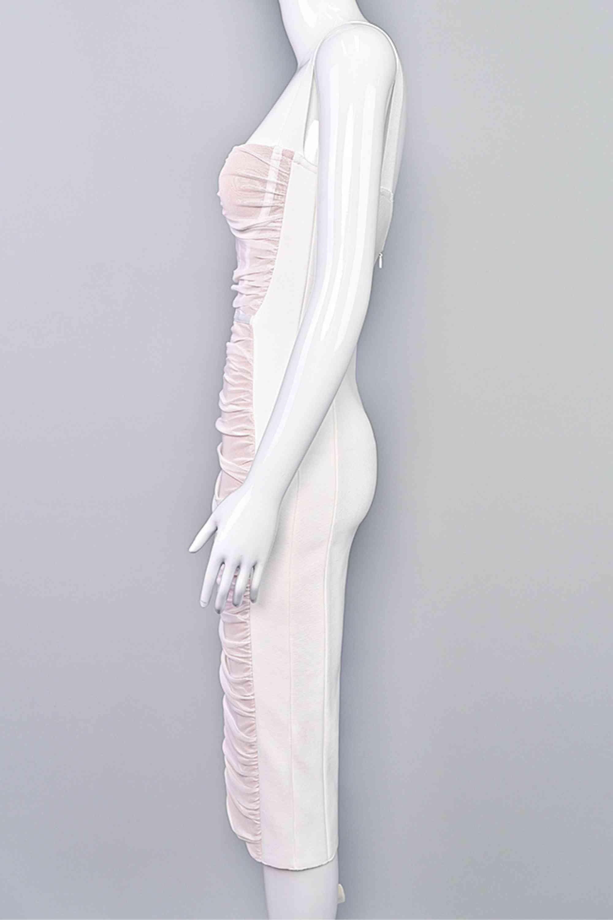 Woman wearing a figure flattering  Marilyn Bodycon Wrap Midi Dress - Pearl White BODYCON COLLECTION