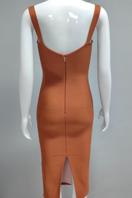 Woman wearing a figure flattering  Marilyn Bodycon Wrap Midi Dress - Rustic Brown BODYCON COLLECTION