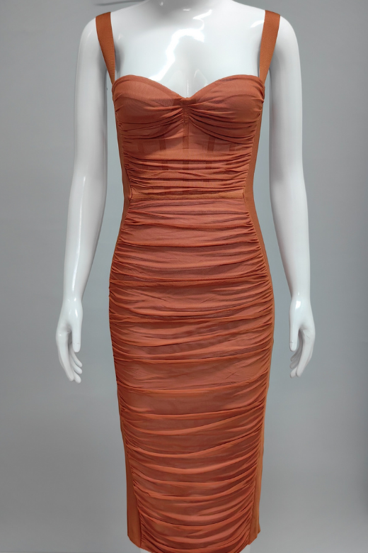 Woman wearing a figure flattering  Marilyn Bodycon Wrap Midi Dress - Rustic Brown BODYCON COLLECTION