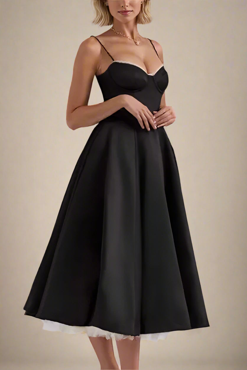 Woman wearing a figure flattering  Mavis Bodycon Midi Dress - Classic Black BODYCON COLLECTION