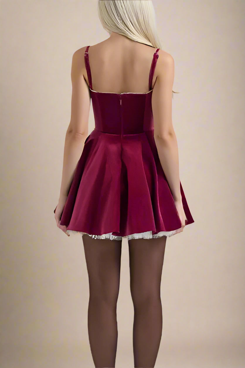 Woman wearing a figure flattering  Mavis Bodycon Mini Dress - Velvet Red Wine BODYCON COLLECTION