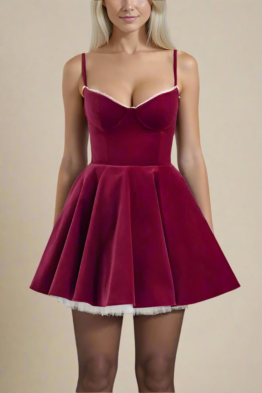 Woman wearing a figure flattering  Mavis Bodycon Mini Dress - Velvet Red Wine BODYCON COLLECTION