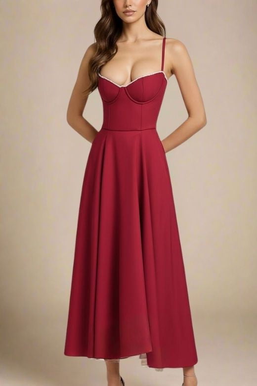 Woman wearing a figure flattering  Mavis Midi Dress - Berry Red BODYCON COLLECTION