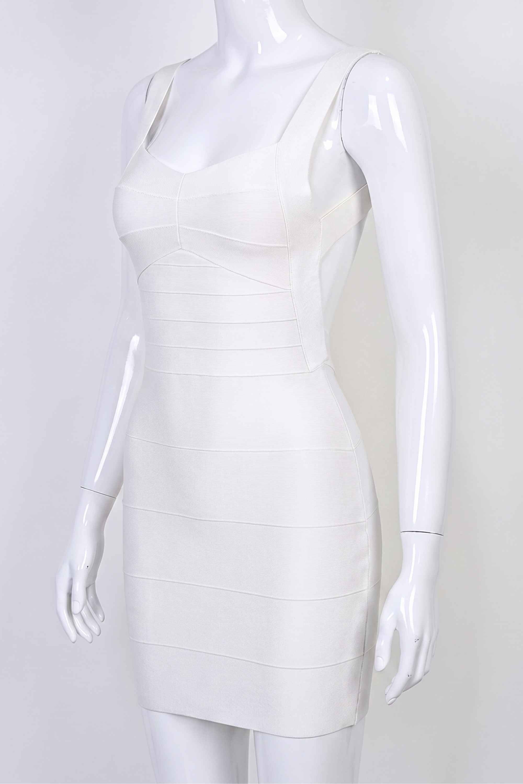 Woman wearing a figure flattering  Maya Bandage Mini Dress - Pearl White BODYCON COLLECTION