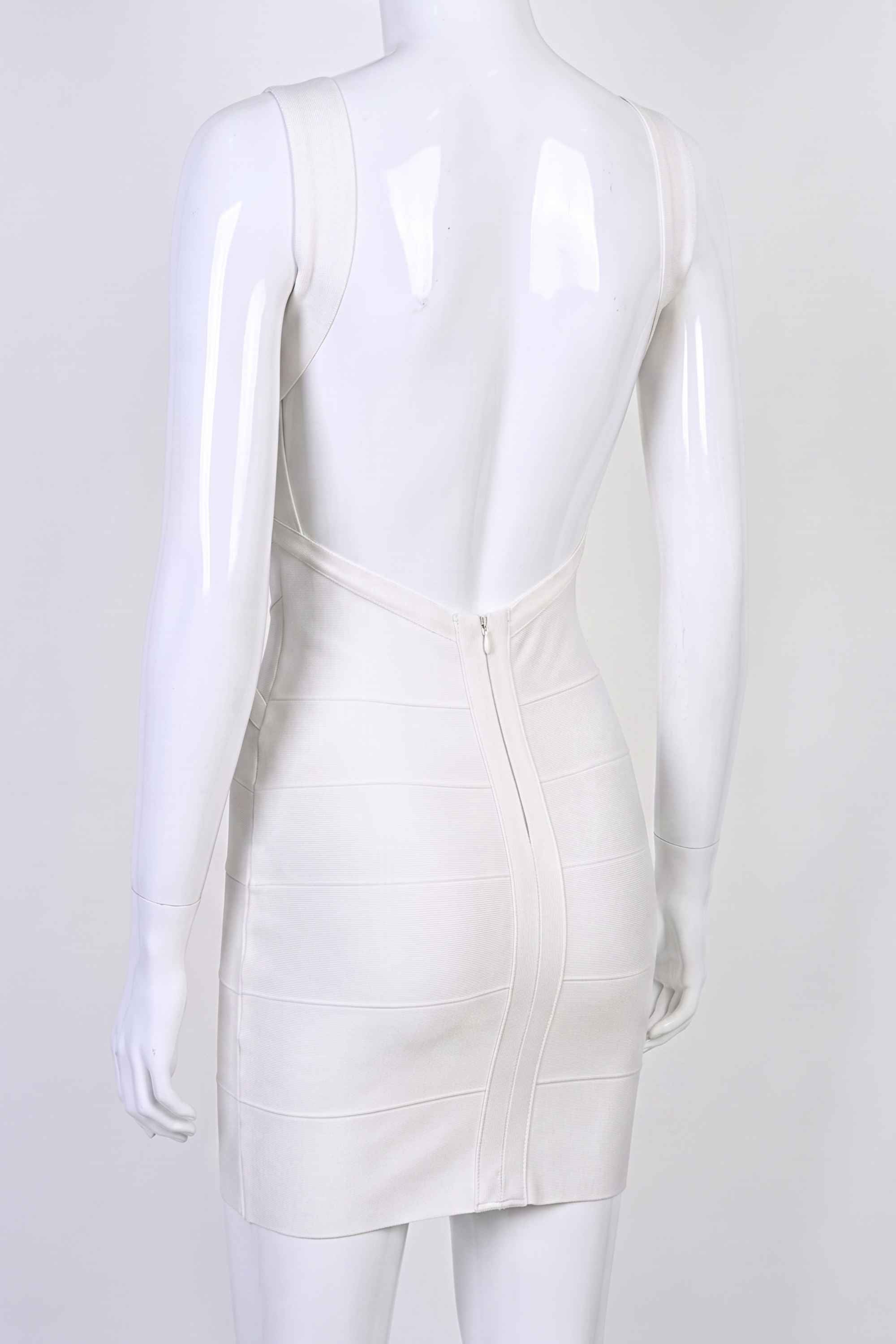 Woman wearing a figure flattering  Maya Bandage Mini Dress - Pearl White BODYCON COLLECTION