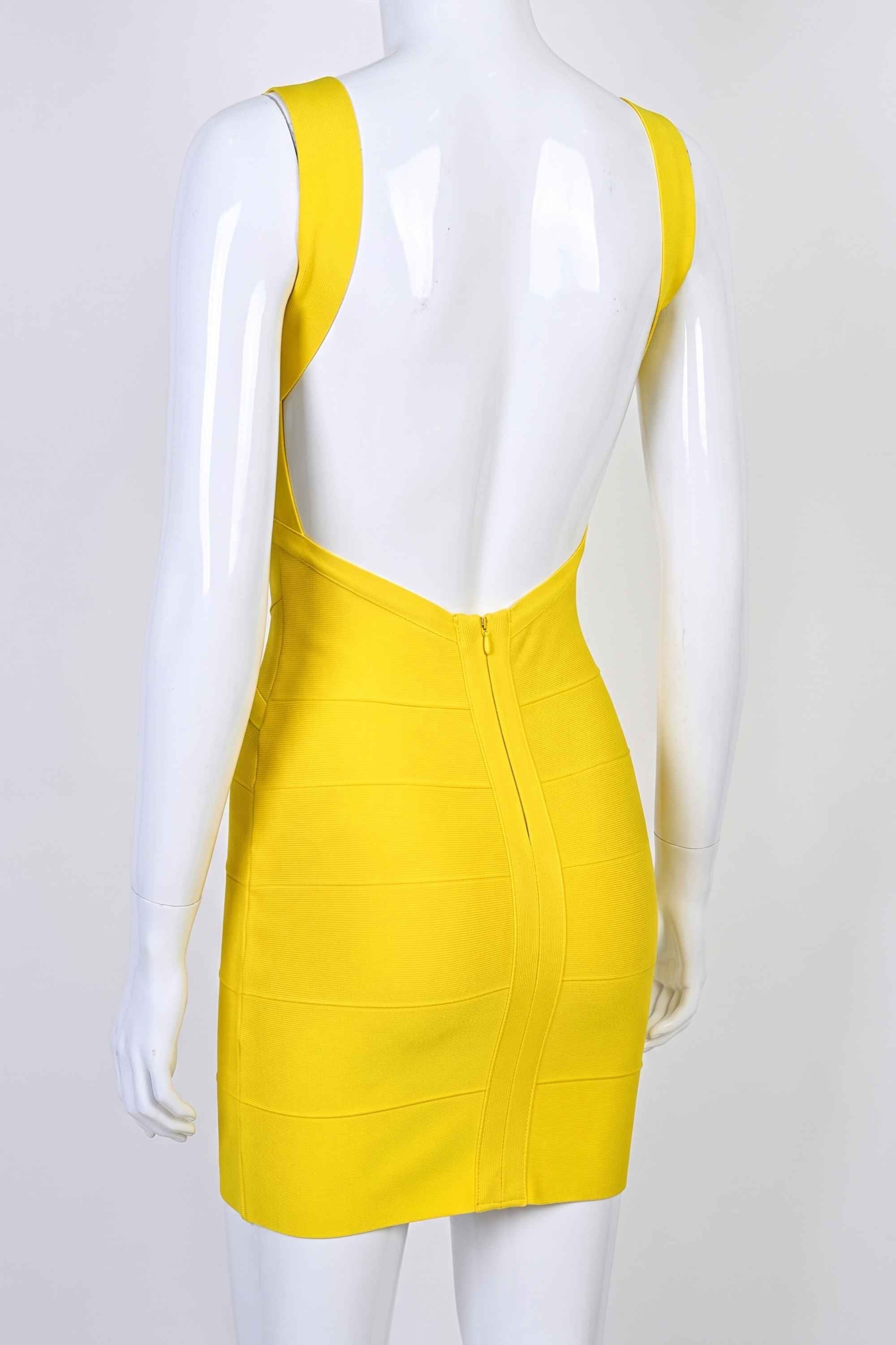 Woman wearing a figure flattering  Maya Bandage Mini Dress - Sun Yellow BODYCON COLLECTION