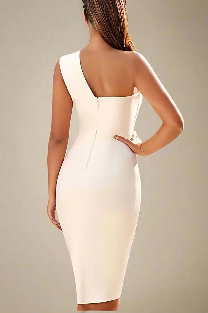 Woman wearing a figure flattering  Mel Bodycon Midi Dress - Pearl White BODYCON COLLECTION