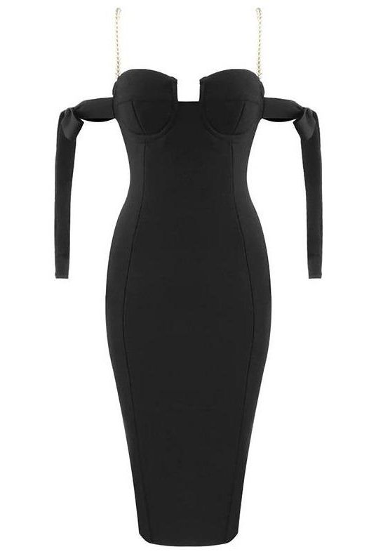 Woman wearing a figure flattering  Mia Bandage Dress - Classic Black BODYCON COLLECTION