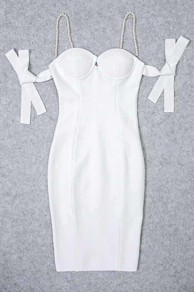 Woman wearing a figure flattering  Mia Bandage Dress - Pearl White BODYCON COLLECTION