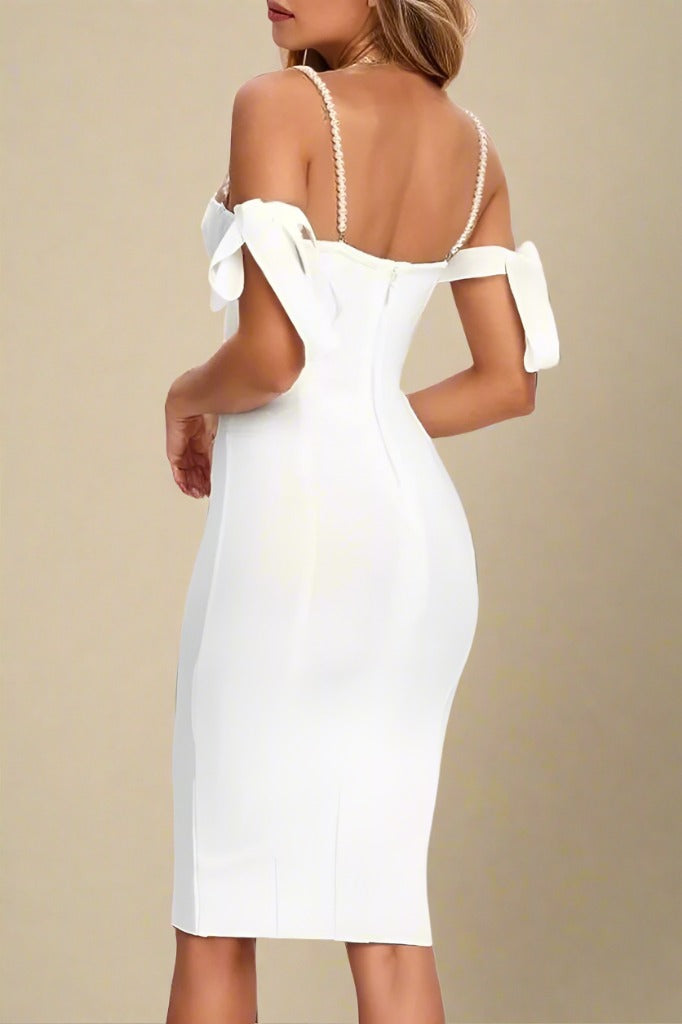 Woman wearing a figure flattering  Mia Bandage Dress - Pearl White BODYCON COLLECTION