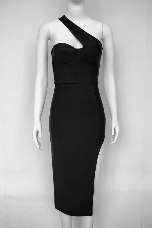 Woman wearing a figure flattering  Mia Bodycon Midi Dress - Classic Black BODYCON COLLECTION Pty Ltd
