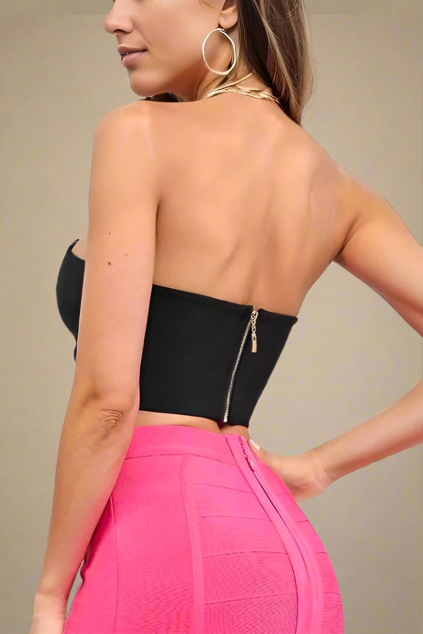 Woman wearing a figure flattering  Mika Bandage Crop Top - Classic Black BODYCON COLLECTION