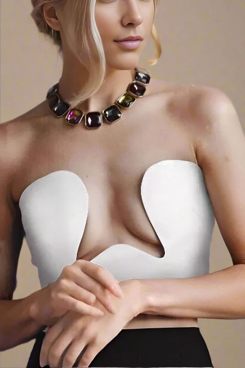 Woman wearing a figure flattering  Mika Bandage Crop Top - Pearl White BODYCON COLLECTION