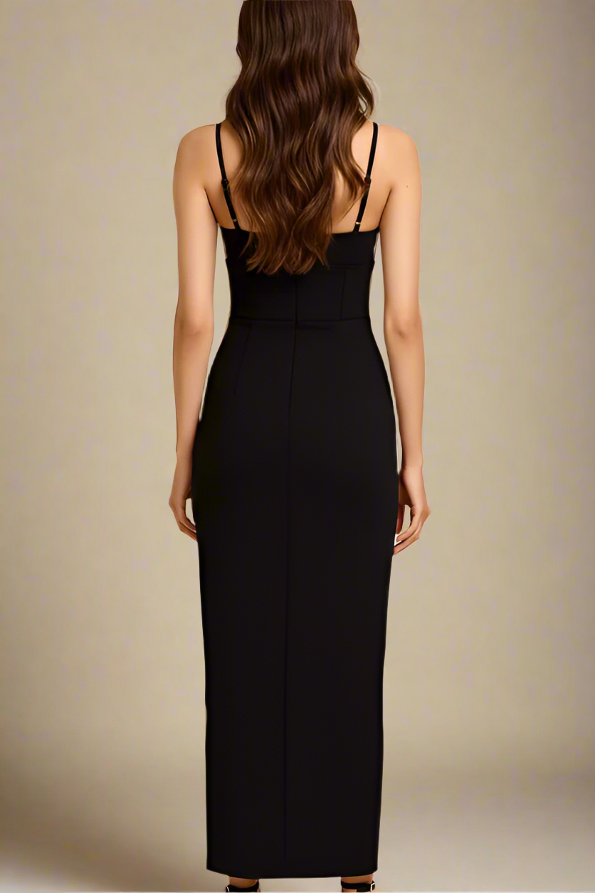 Woman wearing a figure flattering  Milan Bandage Midi Dress - Classic Black BODYCON COLLECTION