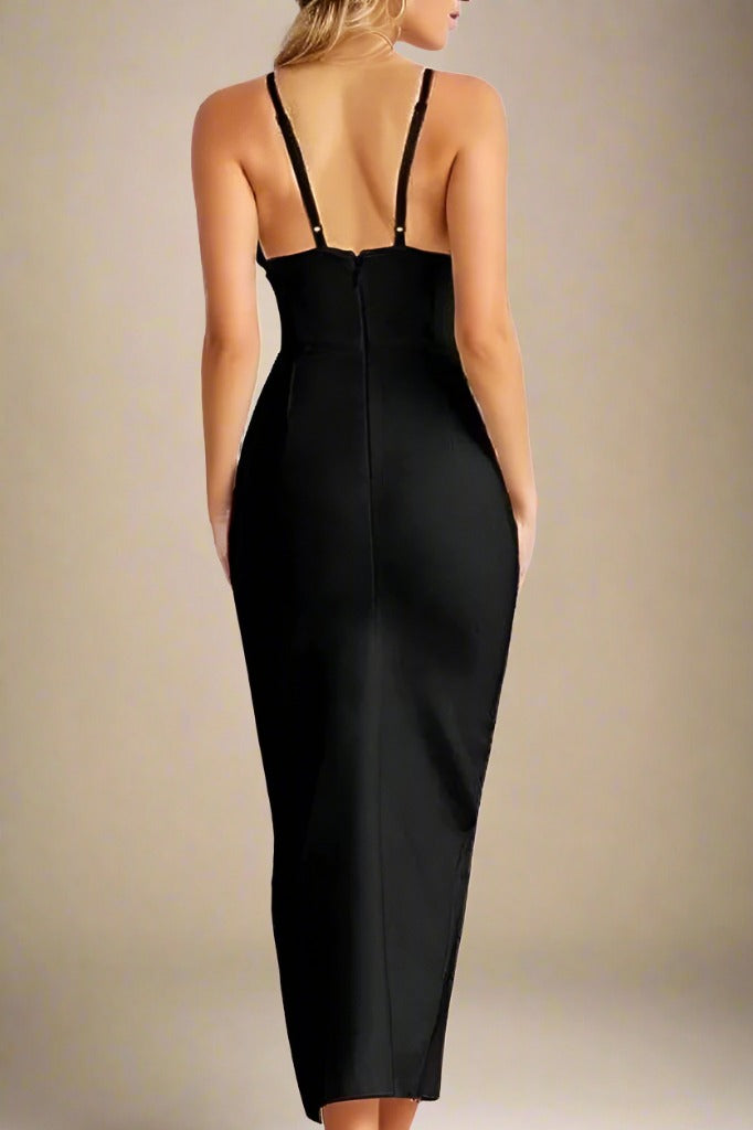 Woman wearing a figure flattering  Milan Bandage Midi Dress - Classic Black BODYCON COLLECTION