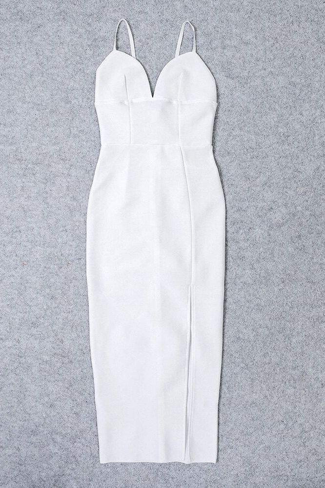 Woman wearing a figure flattering  Milan Bandage Midi Dress - Pearl White BODYCON COLLECTION