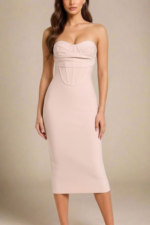 Woman wearing a figure flattering  Miles Bodycon Midi Dress - Nude BODYCON COLLECTION