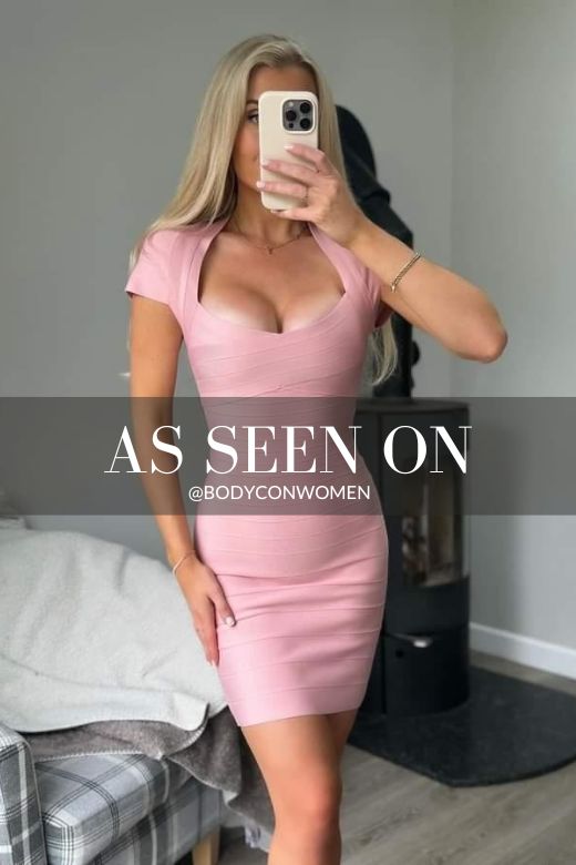 Woman wearing a figure flattering  Miranda Bandage Mini Dress - Ballet Pink Bodycon Collection