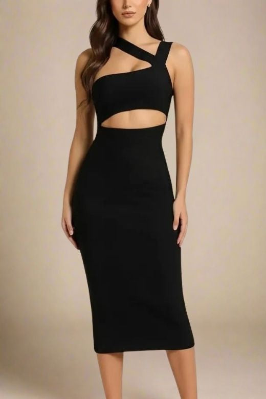 Woman wearing a figure flattering  Molly Bandage Midi Dress - Classic Black BODYCON COLLECTION