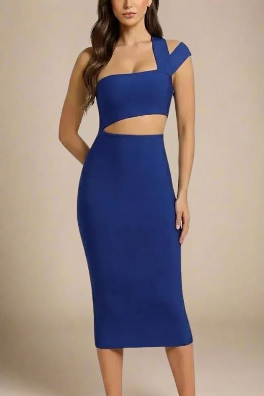 Woman wearing a figure flattering  Molly Bandage Midi Dress - Navy Blue BODYCON COLLECTION