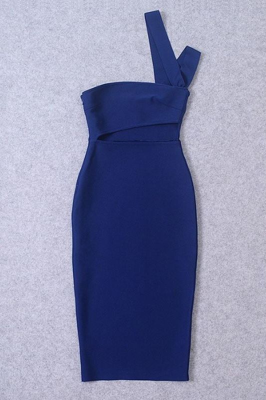 Woman wearing a figure flattering  Molly Bandage Midi Dress - Navy Blue BODYCON COLLECTION