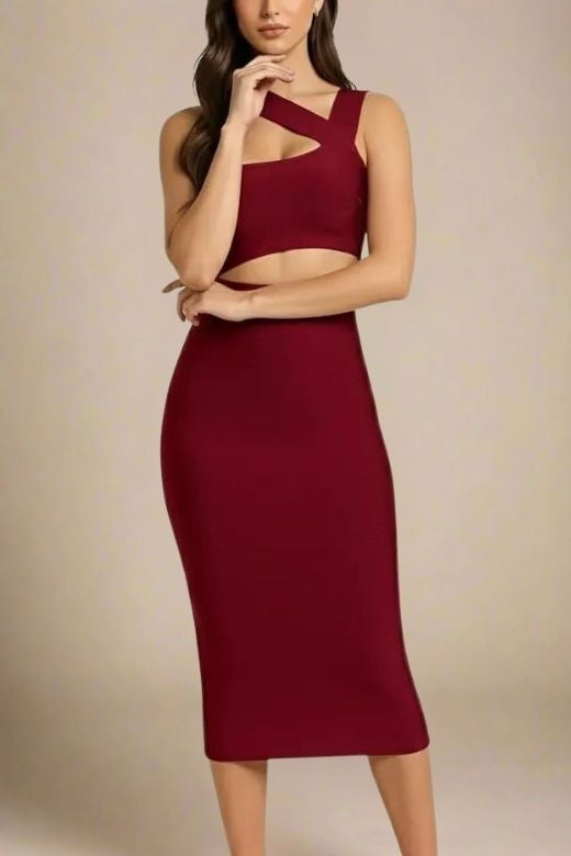 Woman wearing a figure flattering  Molly Bandage Midi Dress - Red Wine BODYCON COLLECTION