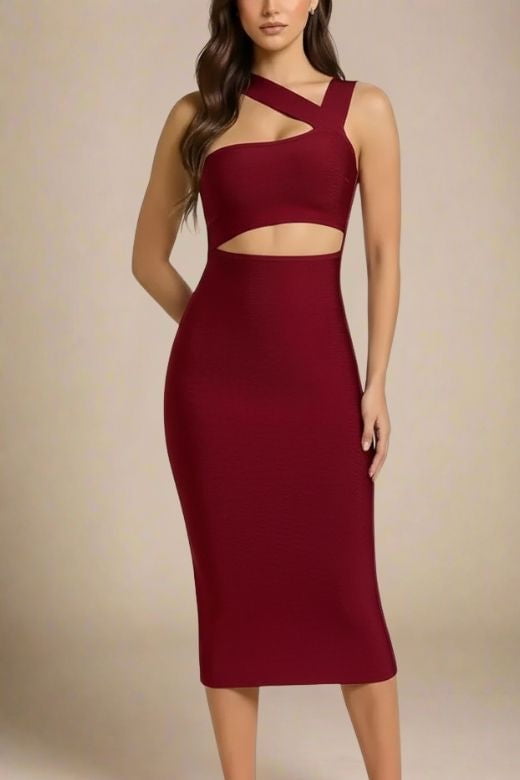 Woman wearing a figure flattering  Molly Bandage Midi Dress - Red Wine BODYCON COLLECTION