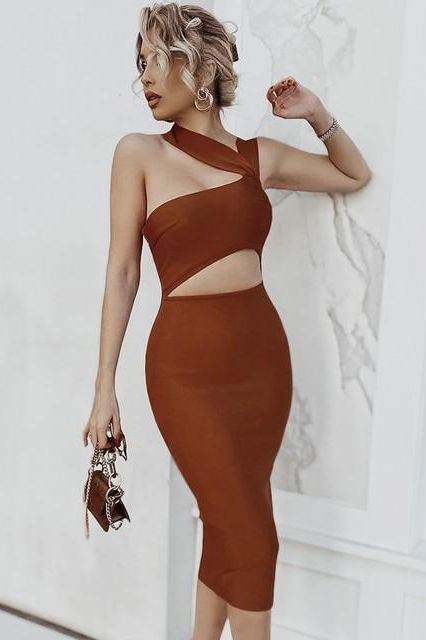 Woman wearing a figure flattering  Molly Bandage Midi Dress - Tan Brown BODYCON COLLECTION