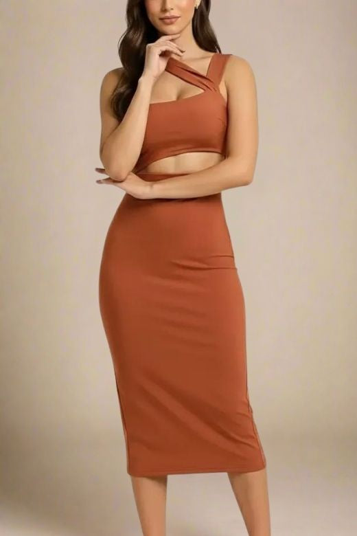 Woman wearing a figure flattering  Molly Bandage Midi Dress - Tan Brown BODYCON COLLECTION