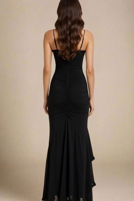 Woman wearing a figure flattering  Noah Bodycon Wrap Midi Dress- Classic Black BODYCON COLLECTION