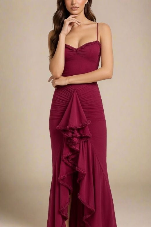 Woman wearing a figure flattering  Noah Bodycon Wrap Midi Dress- Red Wine BODYCON COLLECTION