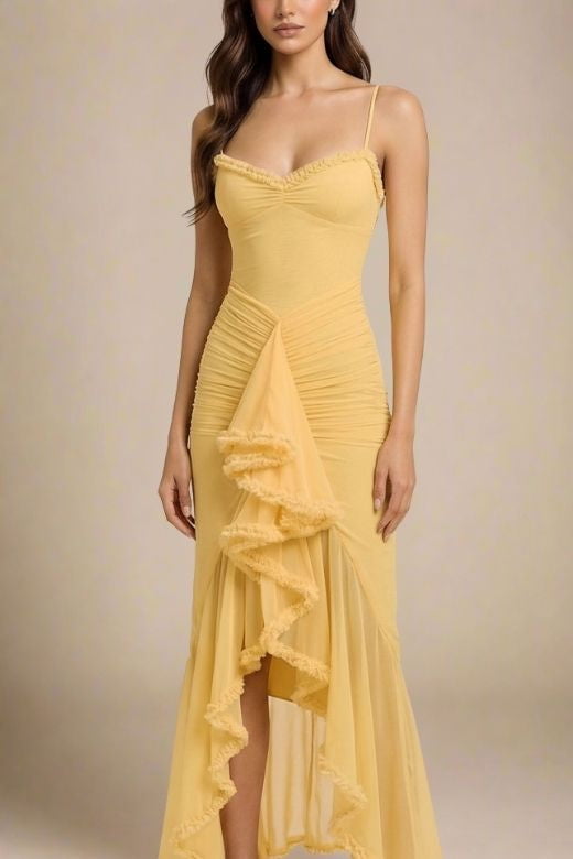 Woman wearing a figure flattering  Noah Bodycon Wrap Midi Dress- Sun Yellow BODYCON COLLECTION