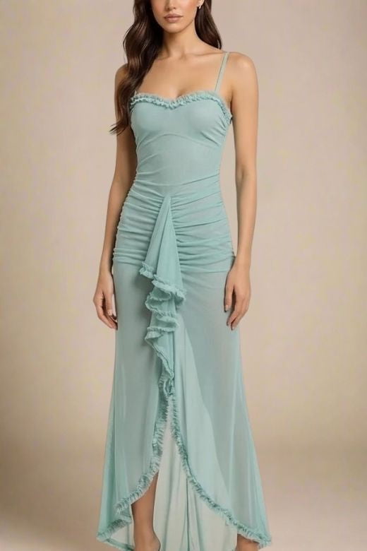 Woman wearing a figure flattering  Noah Bodycon Wrap Midi Dress - Tiffany Blue BODYCON COLLECTION