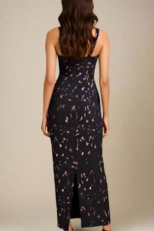 Woman wearing a figure flattering  Odette Bodycon Lace Maxi Dress - Classic Black BODYCON COLLECTION