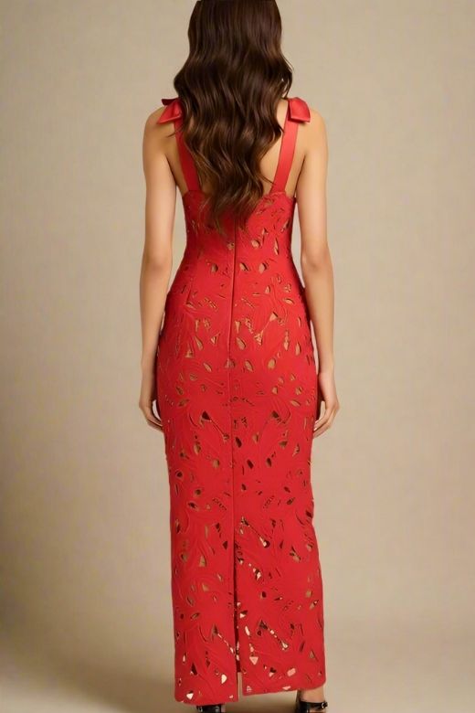 Woman wearing a figure flattering  Odette Bodycon Lace Maxi Dress - Lipstick Red BODYCON COLLECTION