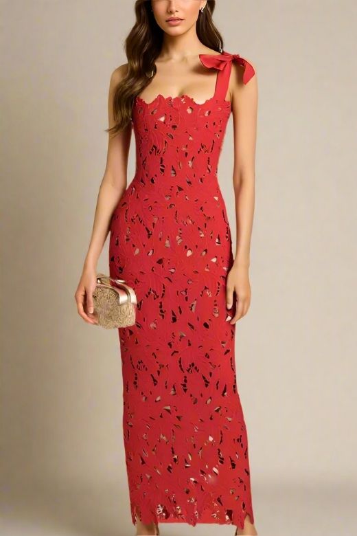 Woman wearing a figure flattering  Odette Bodycon Lace Maxi Dress - Lipstick Red BODYCON COLLECTION
