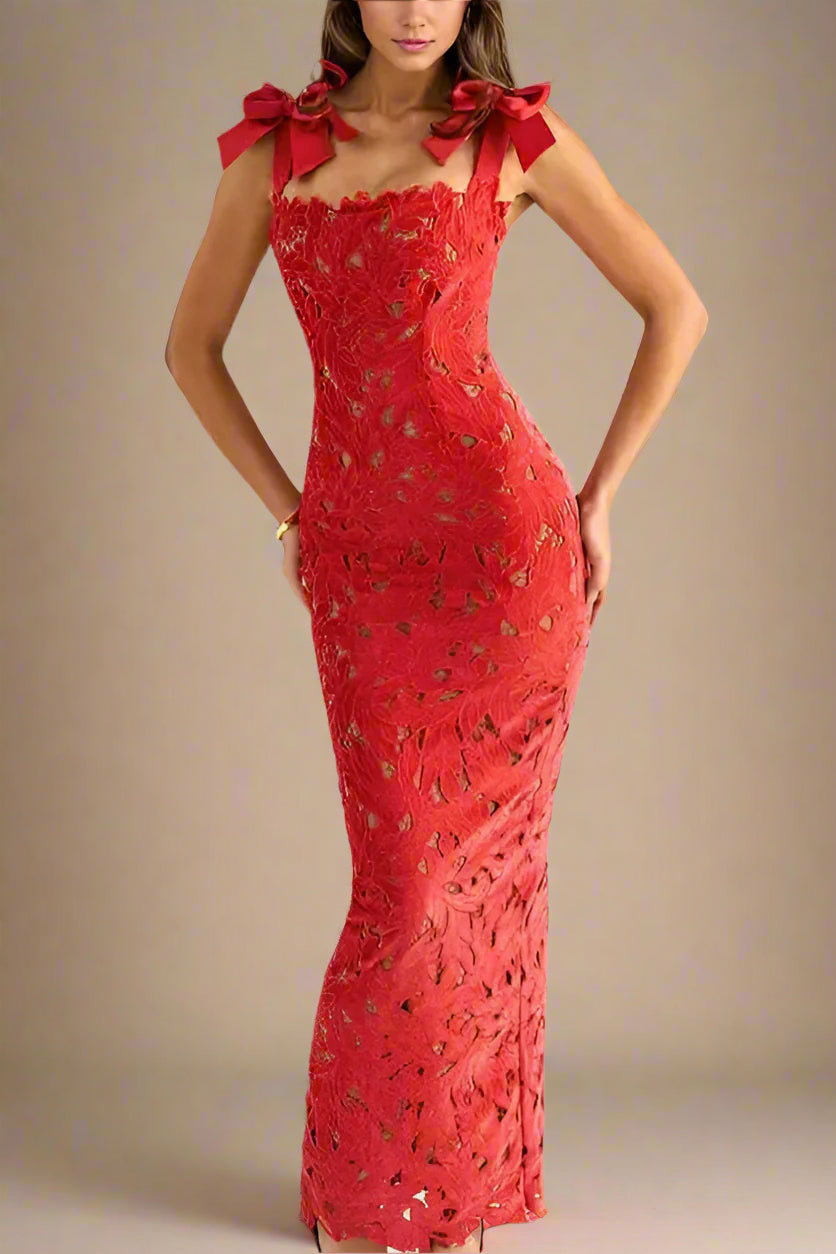 Woman wearing a figure flattering  Odette Bodycon Lace Maxi Dress - Lipstick Red BODYCON COLLECTION