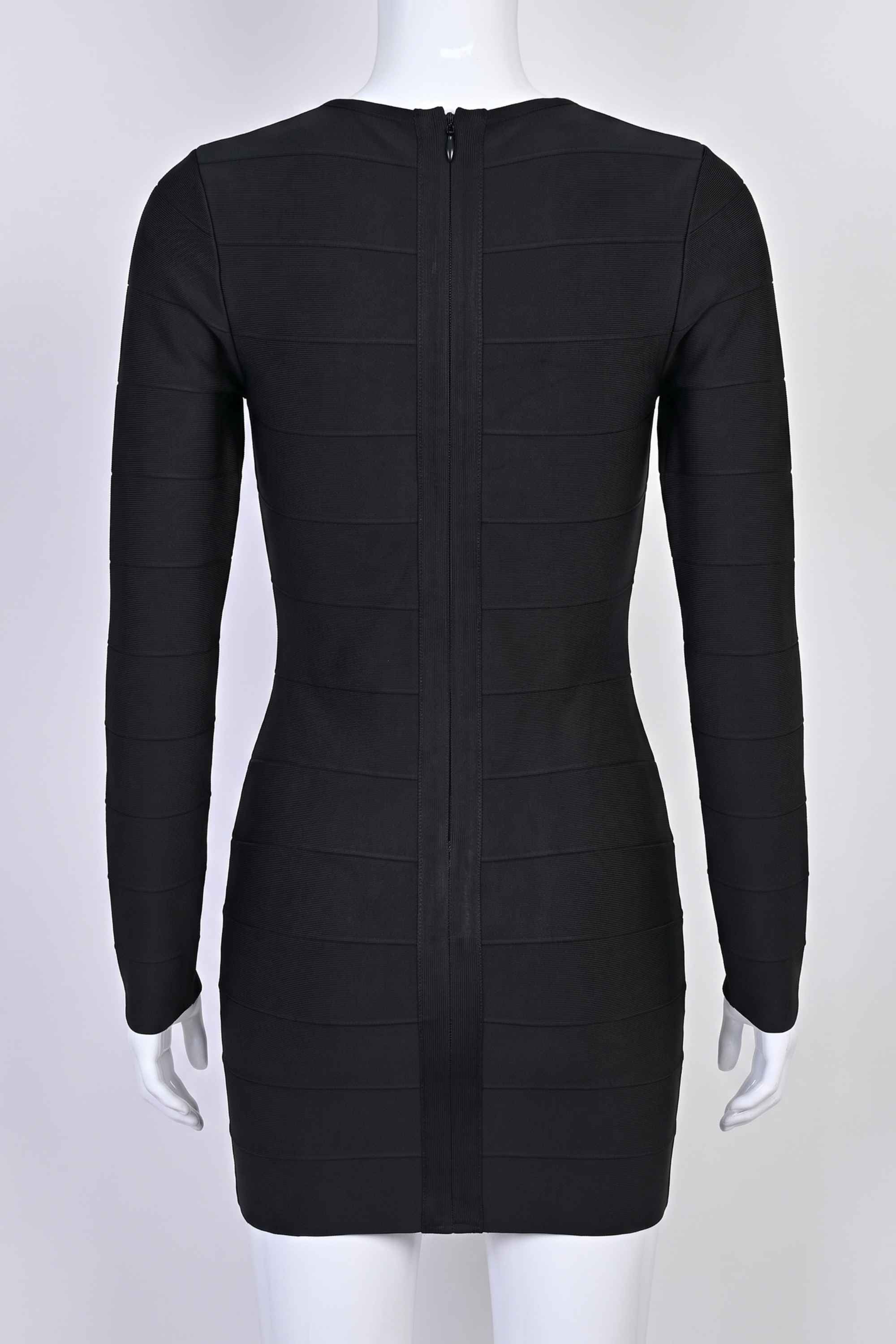 Woman wearing a figure flattering  Pamela Long Sleeve Bandage Mini Dress - Classic Black BODYCON COLLECTION