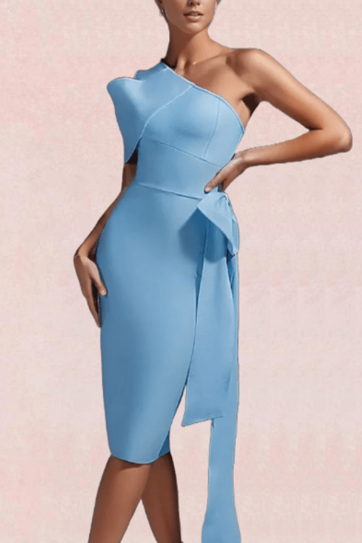 Woman wearing a figure flattering  Pav Bandage Midi Dress - Sky Blue BODYCON COLLECTION