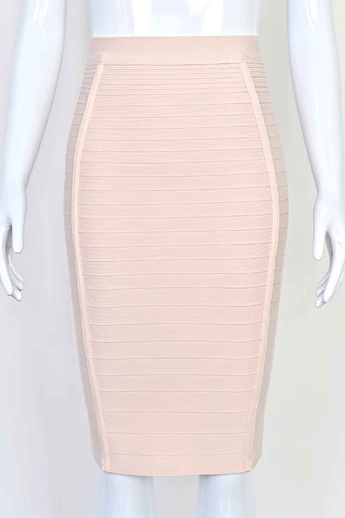 Woman wearing a figure flattering  Pencil High Waist Bandage Knee Length Knitted Skirt - Cream BODYCON COLLECTION