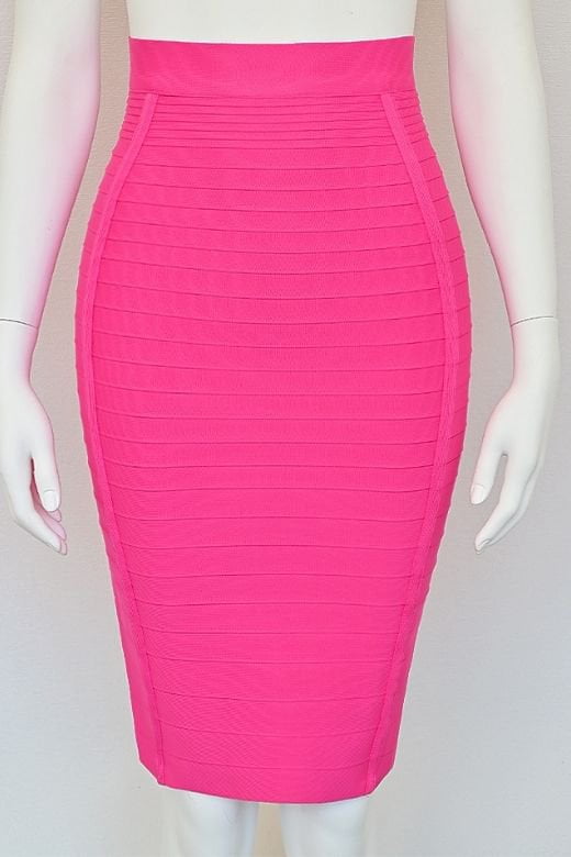 Woman wearing a figure flattering  Pencil High Waist Bandage Knee Length Knitted Skirt - Hot Pink BODYCON COLLECTION