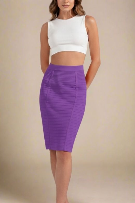 Woman wearing a figure flattering  Pencil High Waist Bandage Knee Length Knitted Skirt - Plum Purple BODYCON COLLECTION
