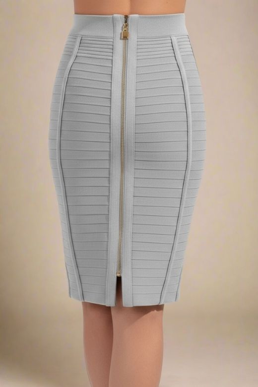 Woman wearing a figure flattering  Pencil High Waist Bandage Knee Length Knitted Skirt - Steel Grey BODYCON COLLECTION