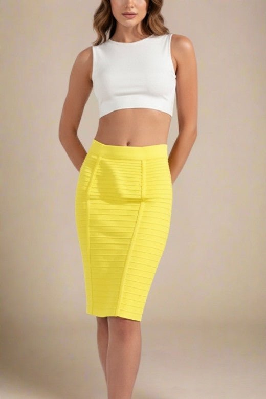 Woman wearing a figure flattering  Pencil High Waist Bandage Knee Length Knitted Skirt - Sun Yellow BODYCON COLLECTION