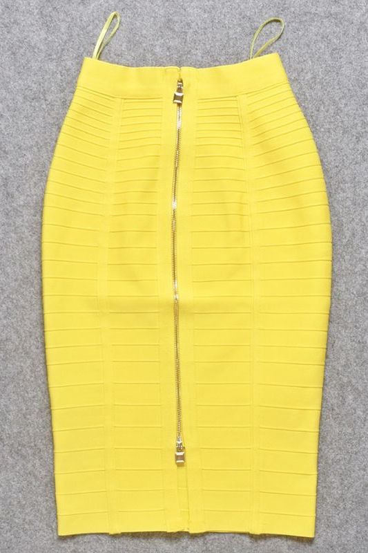 Woman wearing a figure flattering  Pencil High Waist Bandage Knee Length Knitted Skirt - Sun Yellow BODYCON COLLECTION