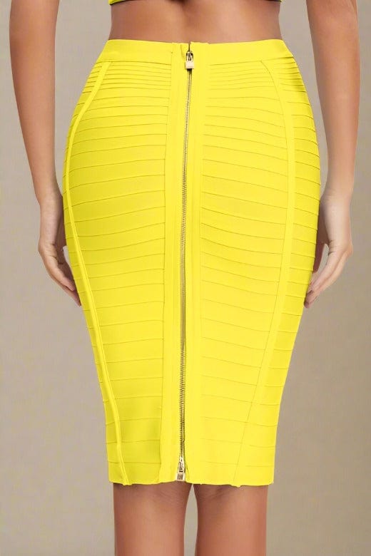 Woman wearing a figure flattering  Pencil High Waist Bandage Knee Length Knitted Skirt - Sun Yellow BODYCON COLLECTION