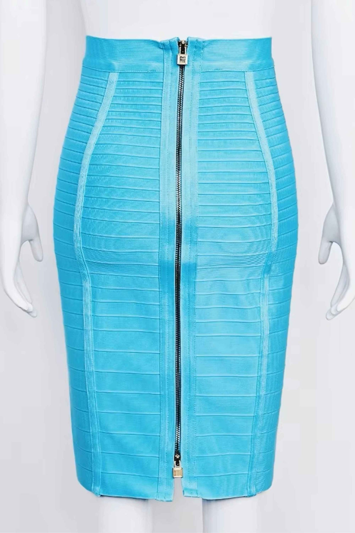 Woman wearing a figure flattering  Pencil High Waist Bandage Knee Length Knitted Skirt - Turquoise Blue BODYCON COLLECTION