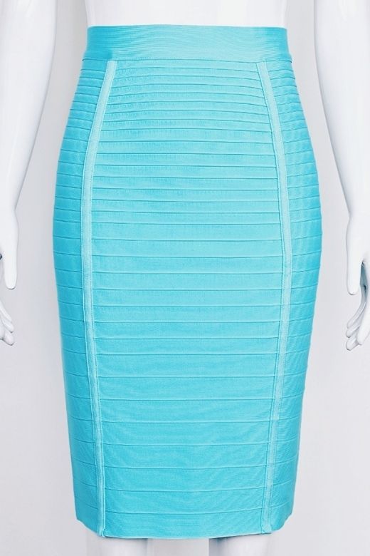 Woman wearing a figure flattering  Pencil High Waist Bandage Knee Length Knitted Skirt - Turquoise Blue BODYCON COLLECTION