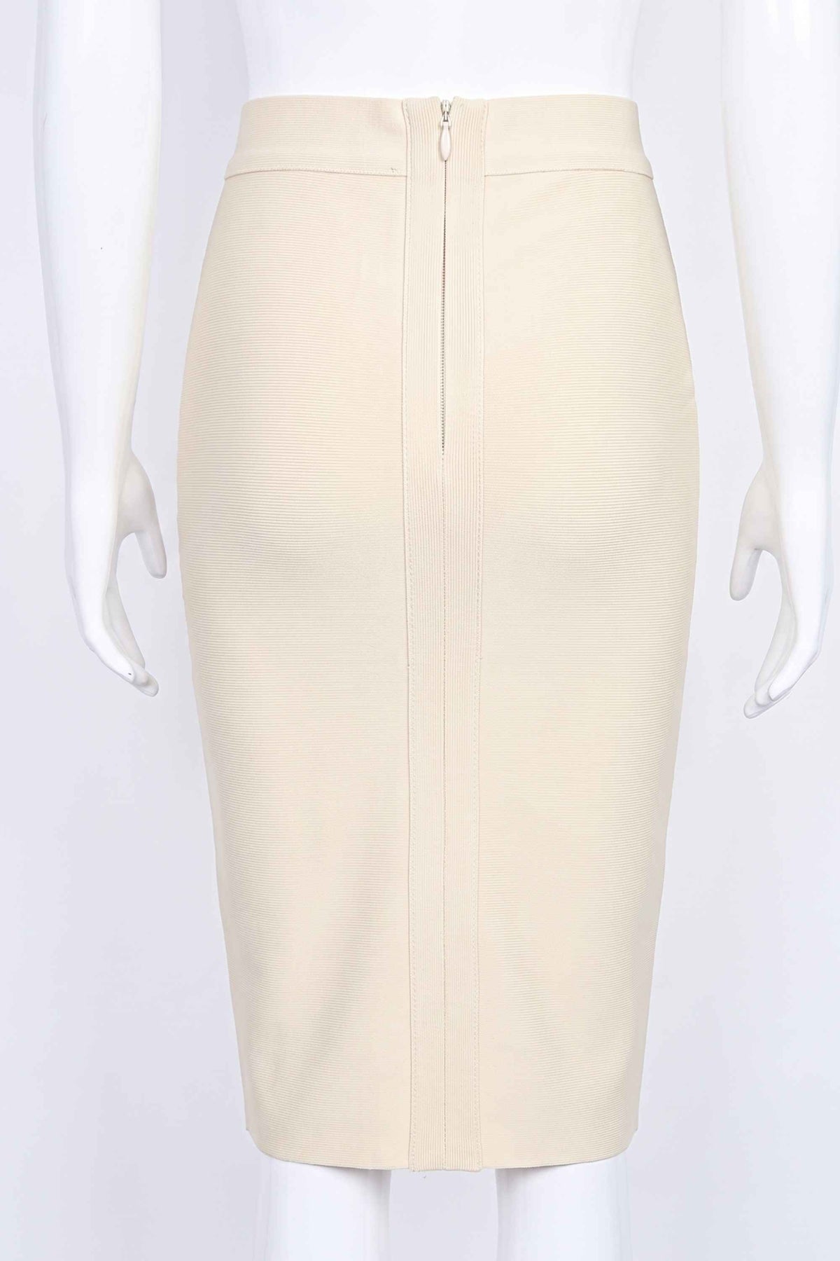 Woman wearing a figure flattering  Pencil High Waist Bandage Knee Length Skirt - Cream BODYCON COLLECTION