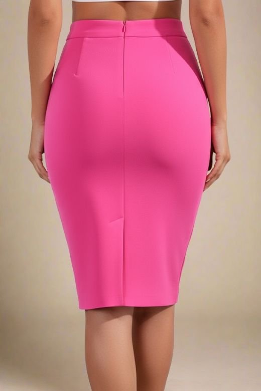 Woman wearing a figure flattering  Pencil High Waist Bandage Knee Length Skirt - Hot Pink BODYCON COLLECTION